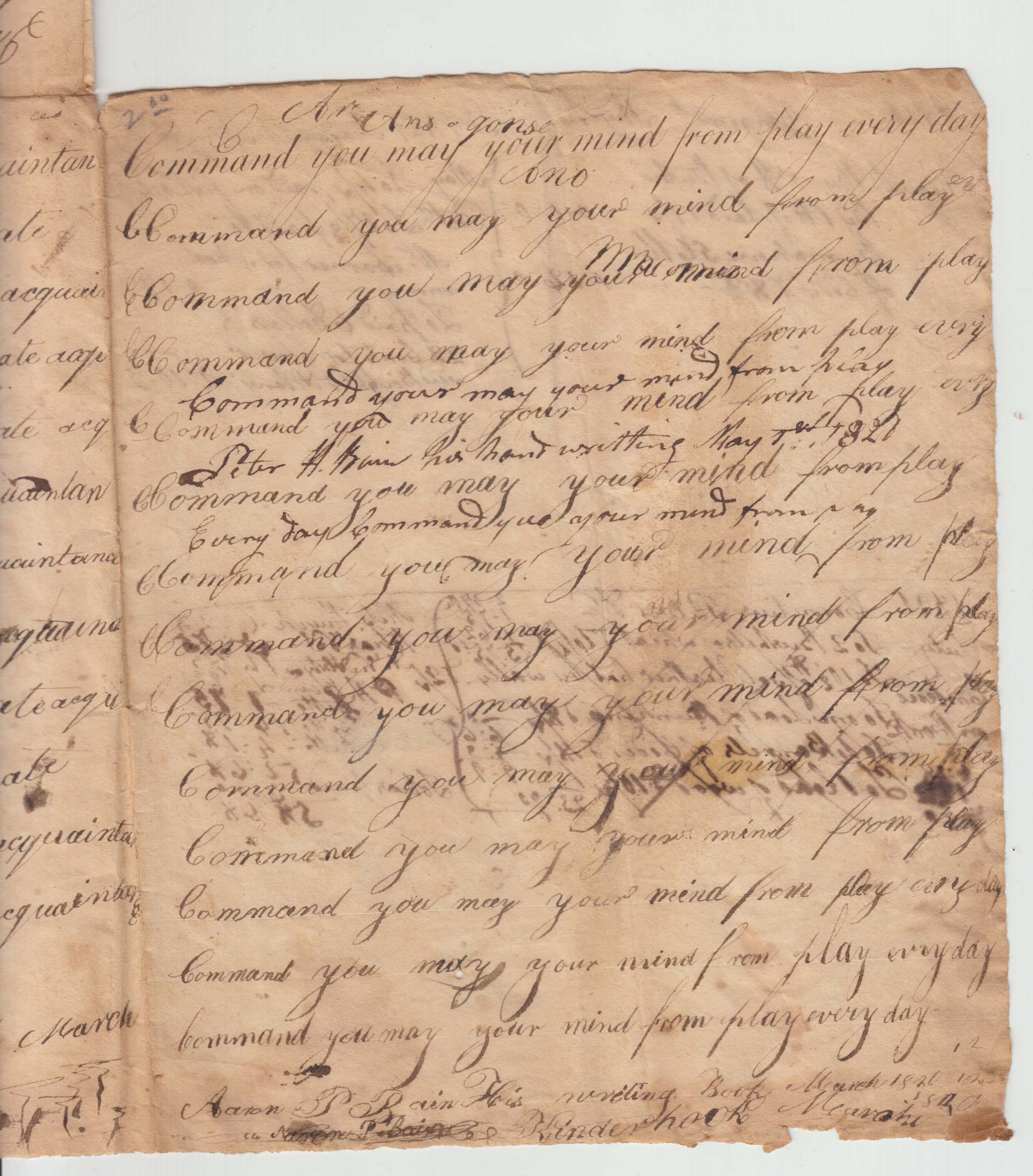BH106, 1821 Ledger, Christina Huyck's Sole Leather Sales, and Penmanship Practice Sheet of Aaron Bain